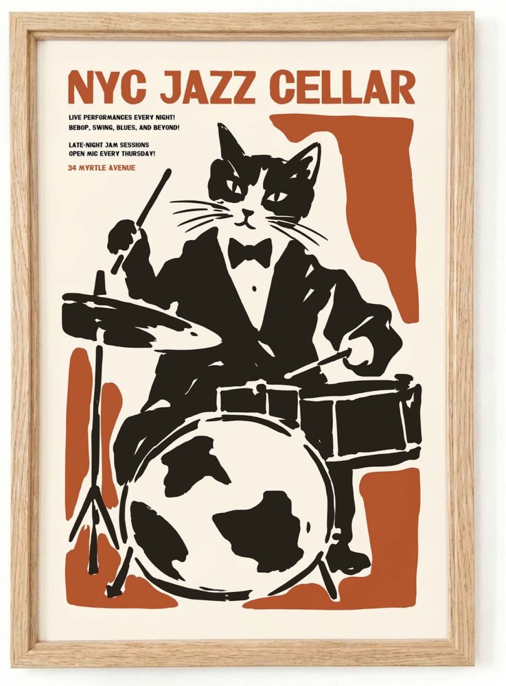 NYC Jazz Cat Drummer Poster