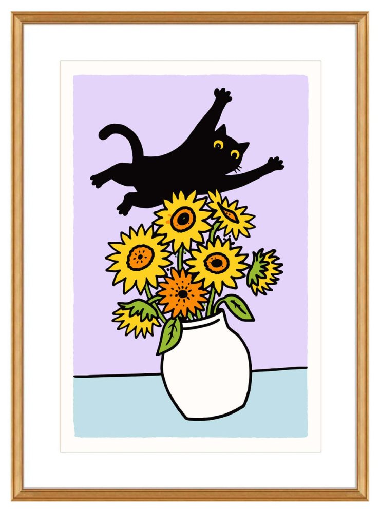 Flying Cat Over Sunflowers Poster