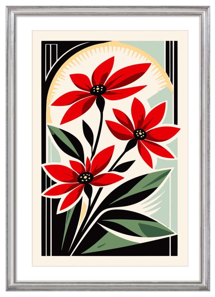 Red Floral Art Deco Wall Art Print