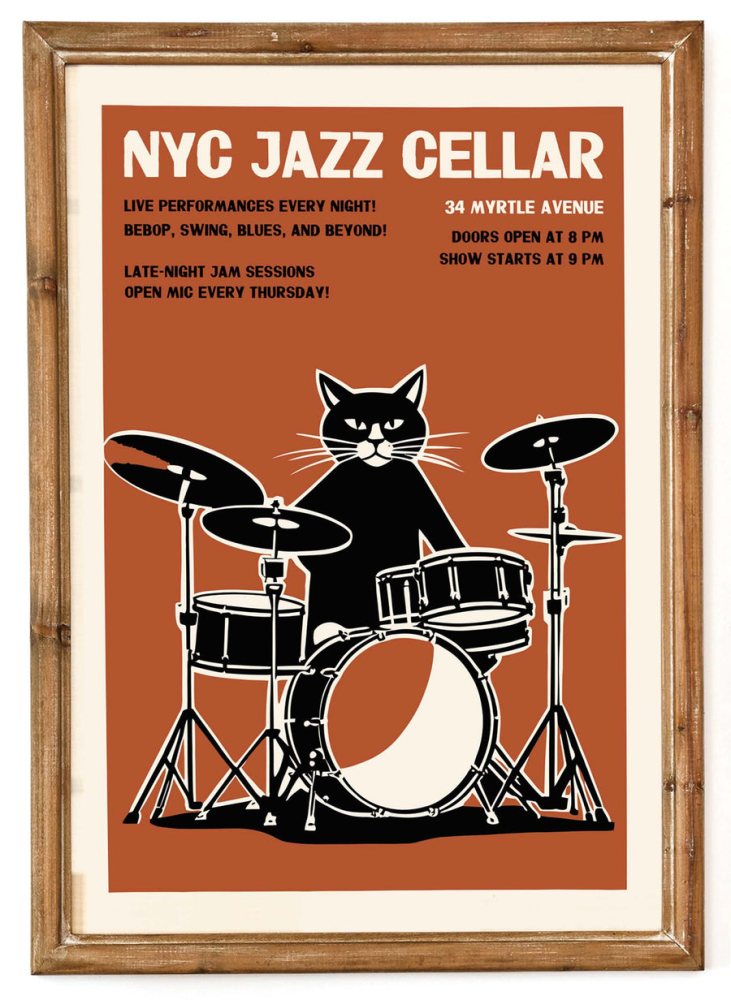 NYC Jazz Cellar Cat Drummer Wall Print