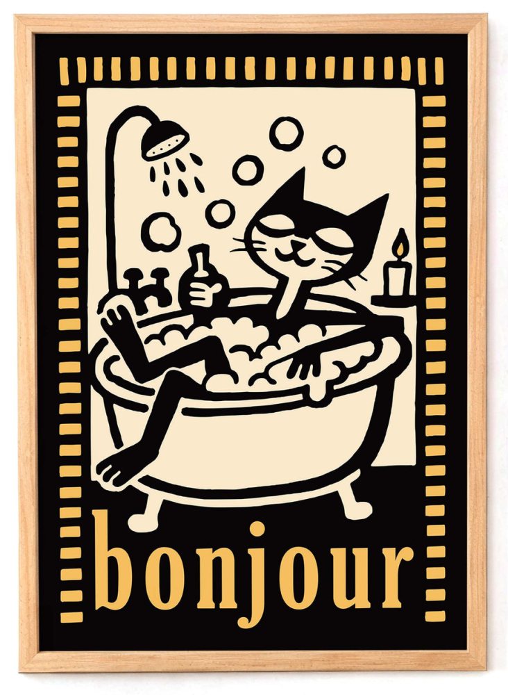 Bonjour Cat Bathtub Poster Print