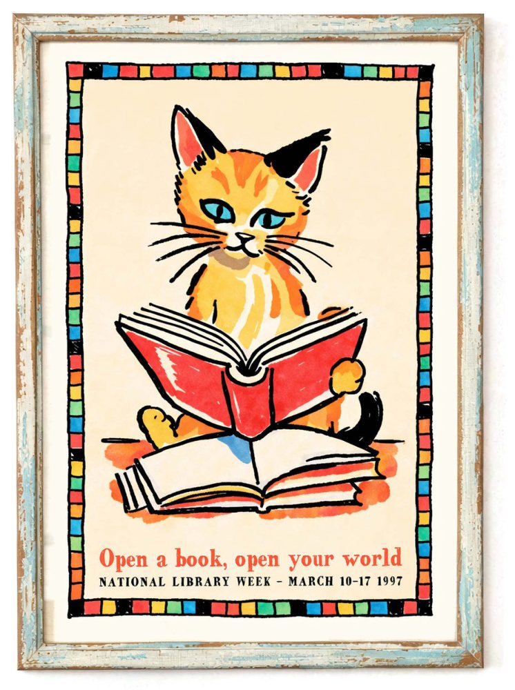Reading Cat Library Poster Print