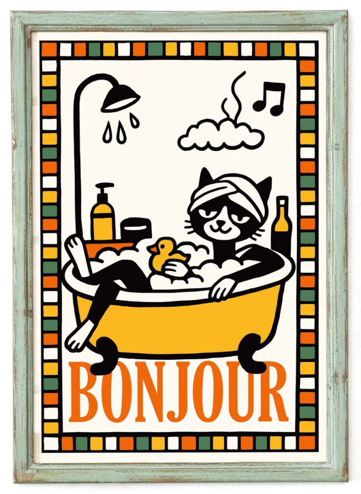 Bonjour Cat Bath Poster Print