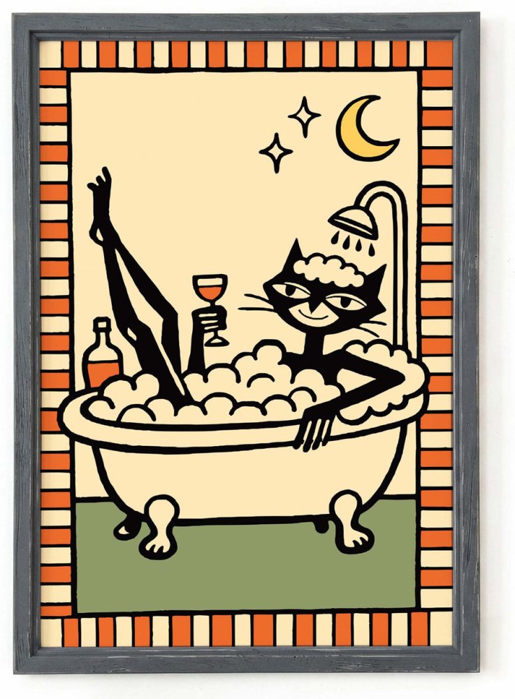 Moonlit Cat Bath Poster Wall Print