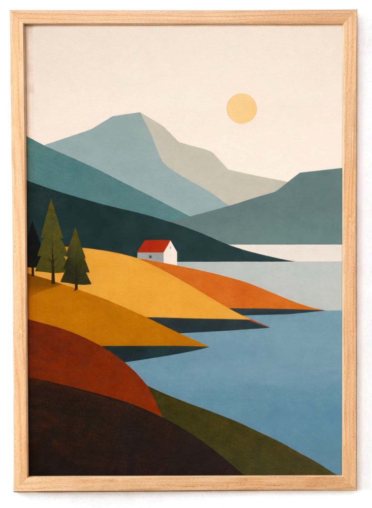Mountain Lake Cabin Landscape Wall Art