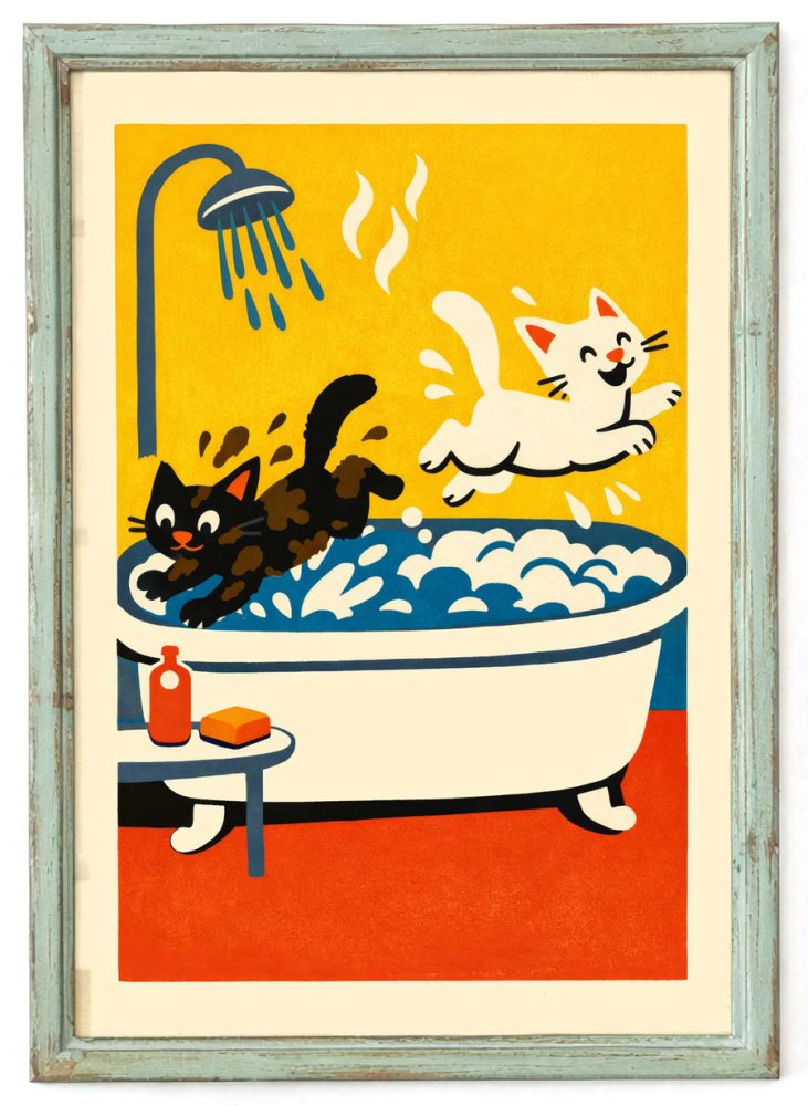 Playful Bathtub Cats Poster Print