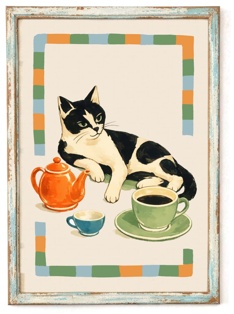 Cat Coffee Tea Kitchen Wall Art Print