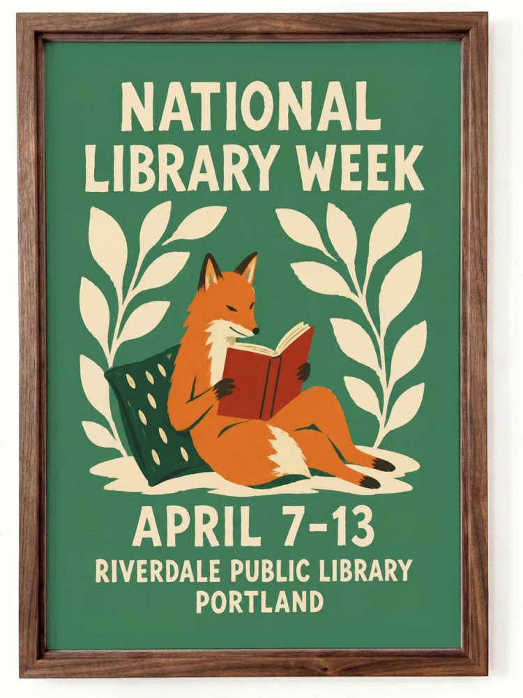 National Library Week Fox Reading Poster
