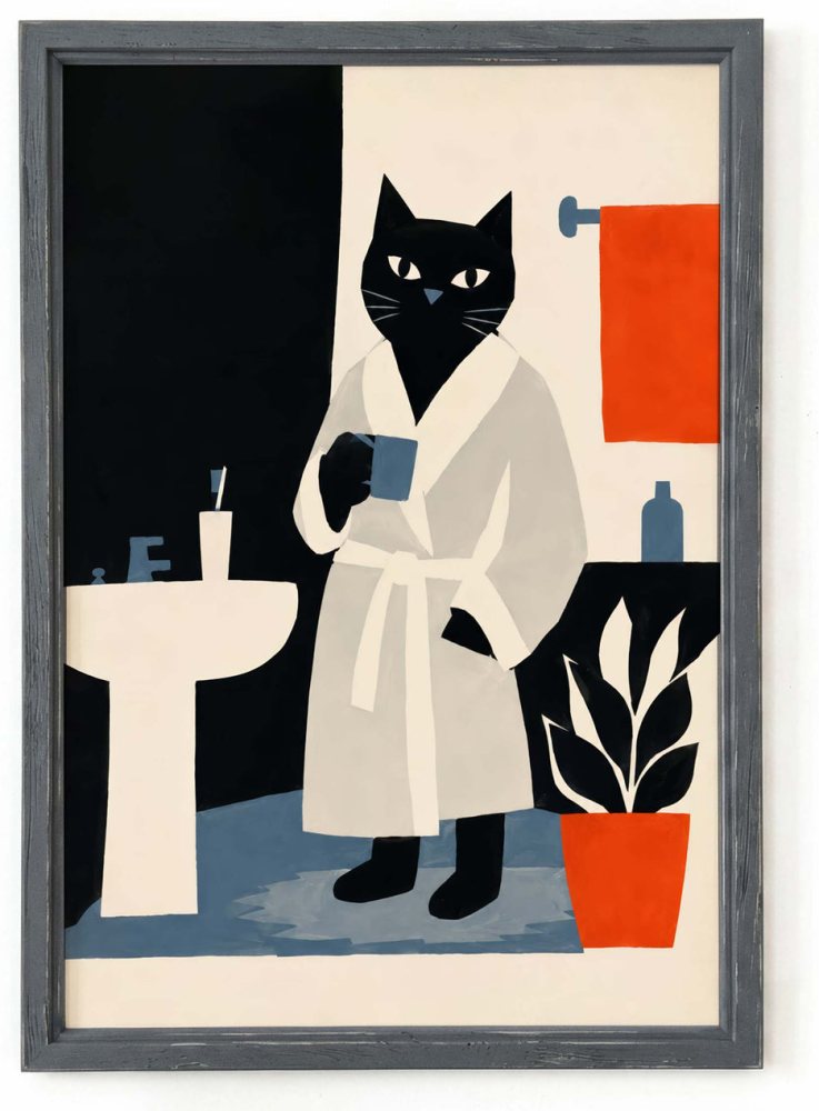 Minimalist Black Cat Morning Routine Print