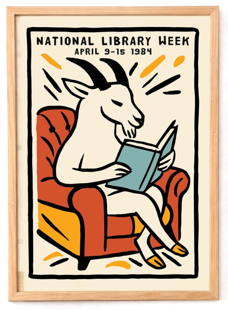 Reading Goat Library Wall Print Art