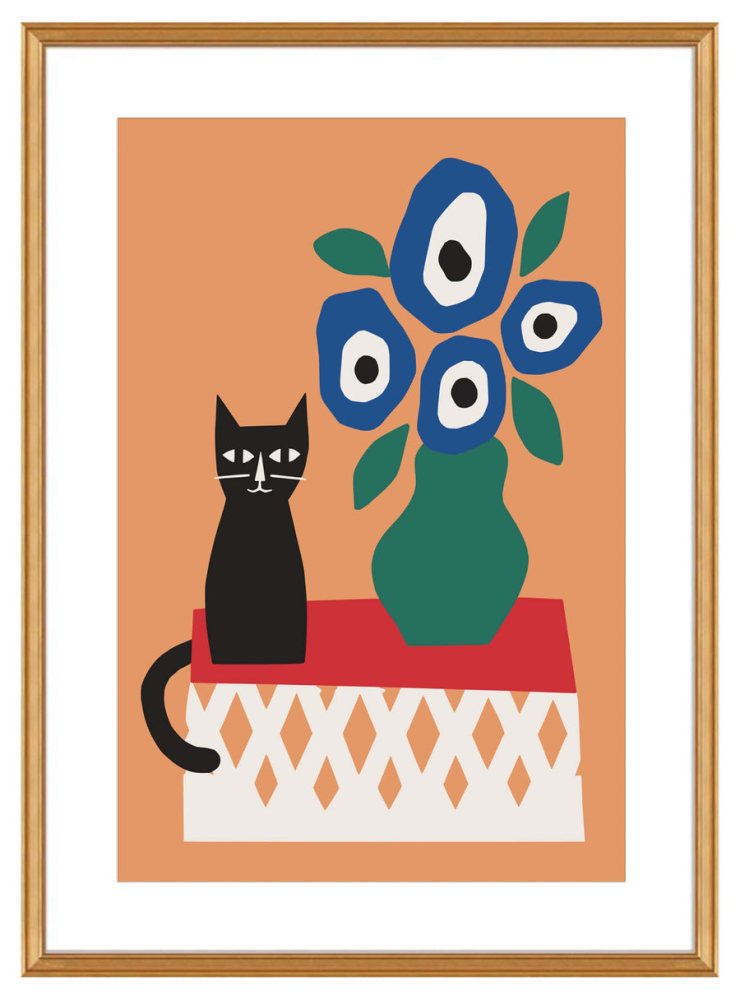 Black Cat Blue Flowers Wall Art