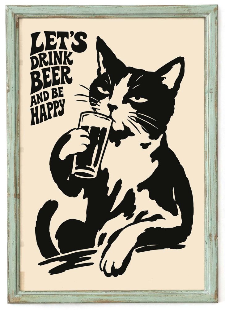 Cat Drinking Beer Wall Art Print