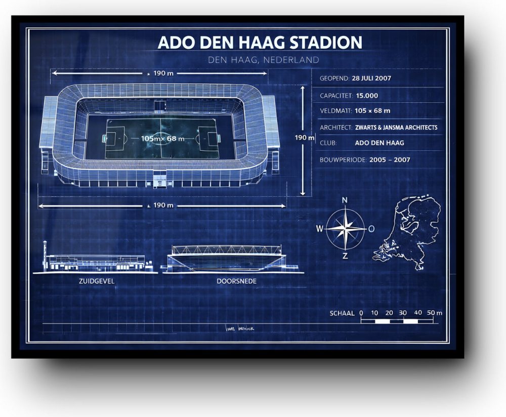 ADO Den Haag Stadium Poster – WerkTalent Stadium Blueprint Art | The Hague Football Art