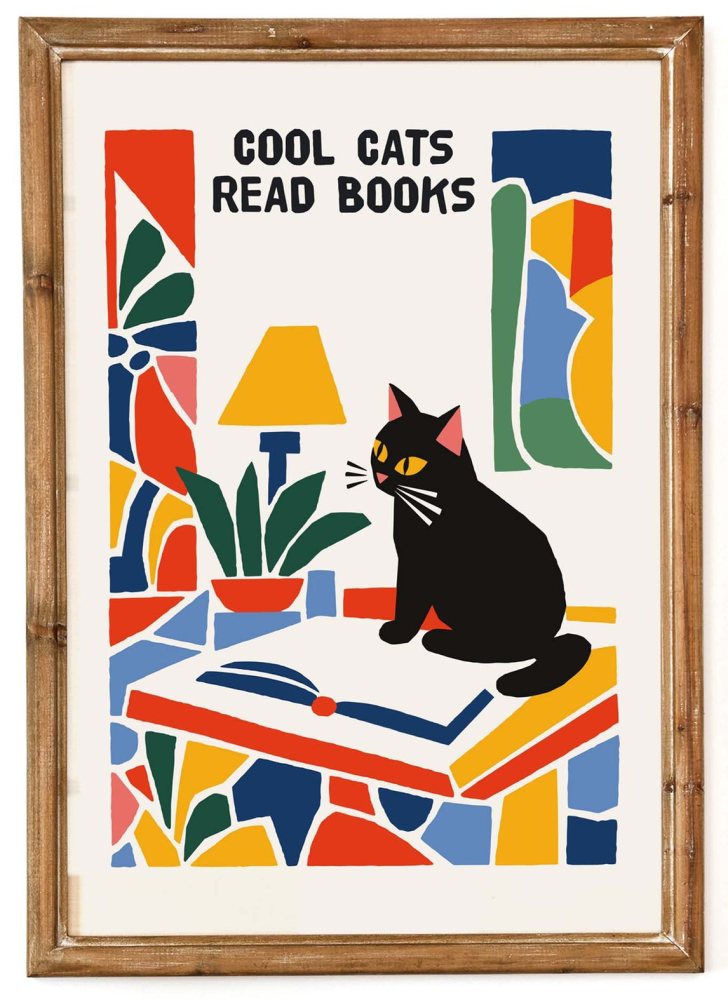 Cool Cats Reading Books Wall Art Print