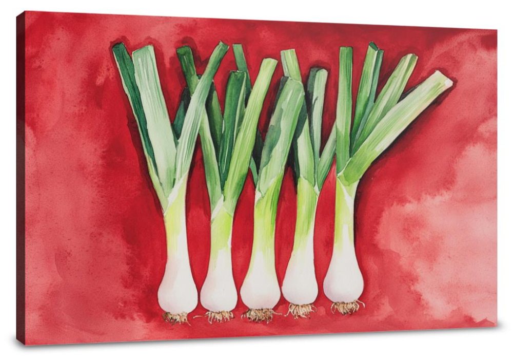 Elegant Leeks on Red Canvas