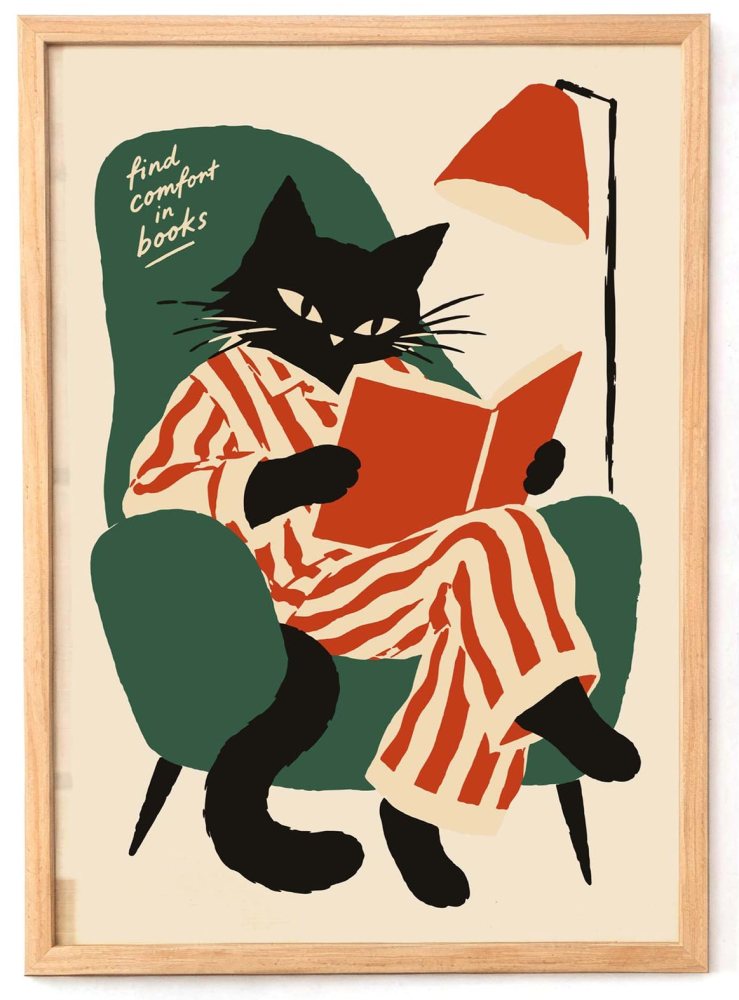 Black Cat Reading Books Wall Art Print