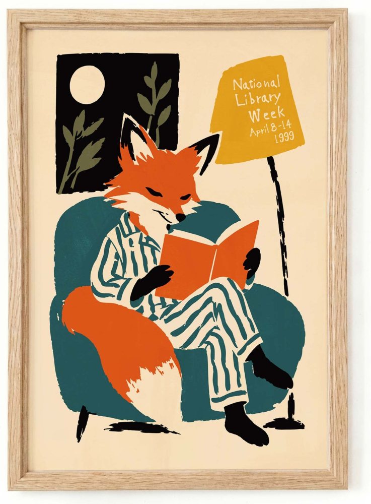 Reading Fox Library Poster Print, CozySpiritStudio