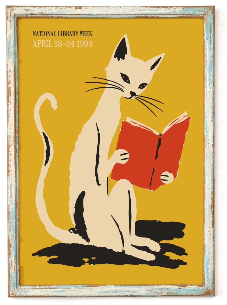 Reading Cat Library Wall Art Print