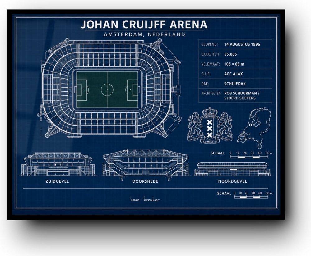 Johan Cruijff Arena Blueprint – Ajax Stadium Architecture Art | Amsterdam Football Stadium Art by Hans Breuker