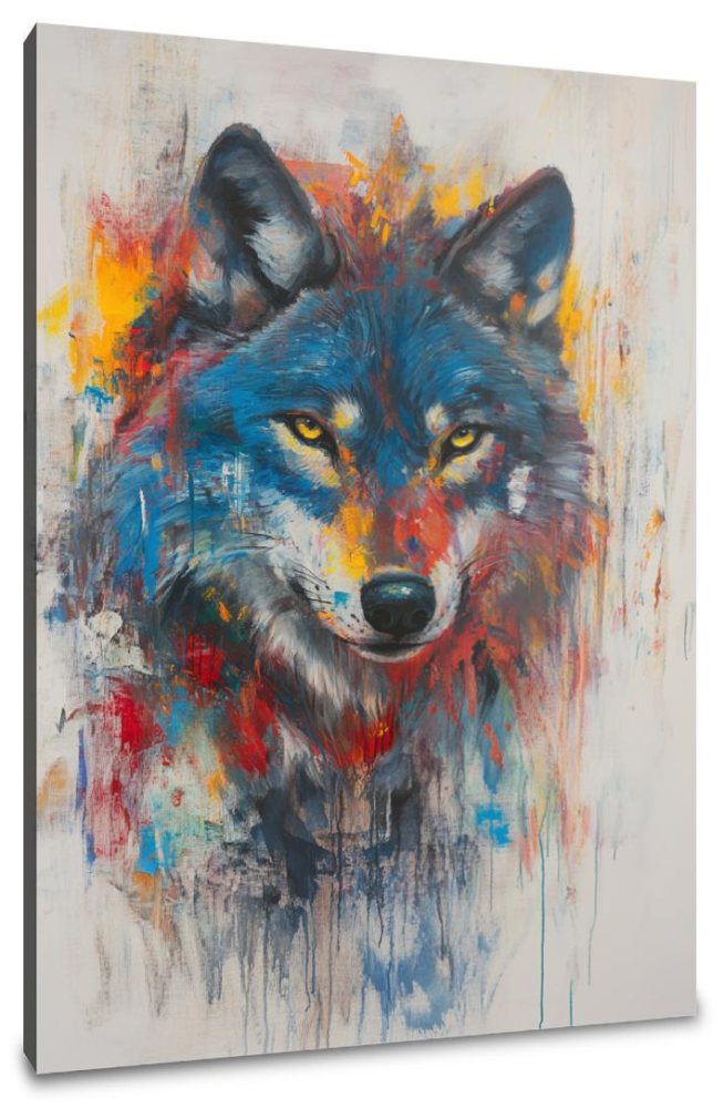 Vibrant Wolf on Grey Canvas