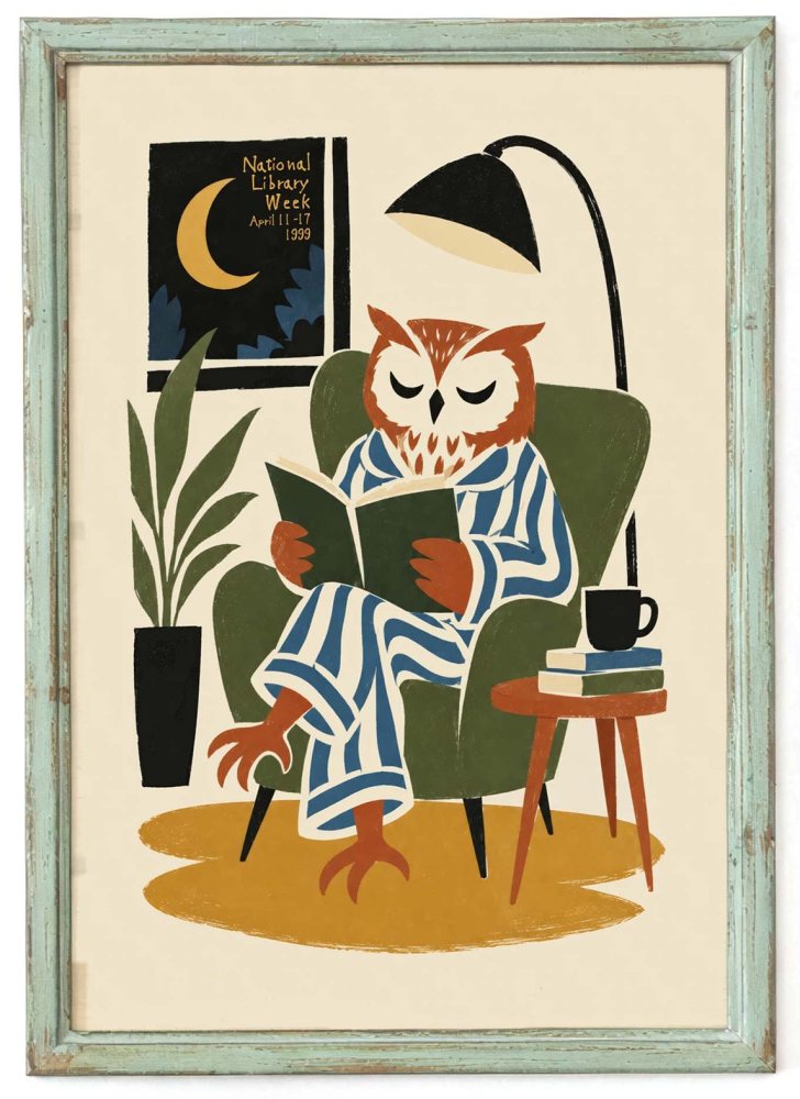 Owl Reading Book Lover Wall Art