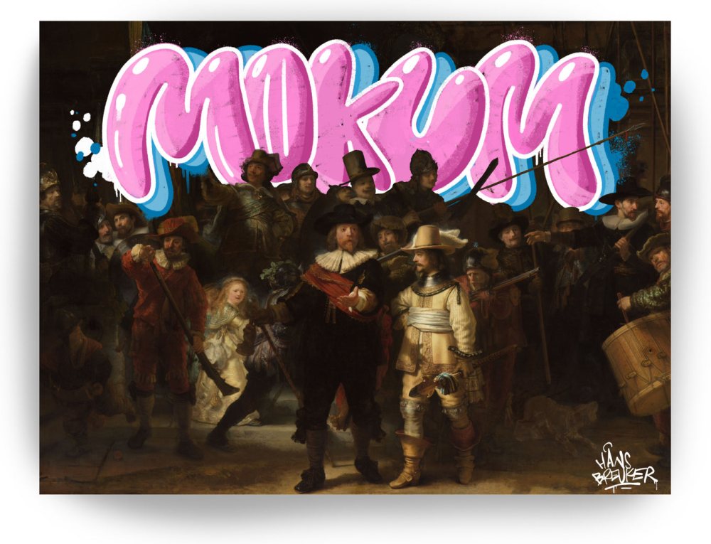 Mokum graffiti op Nachtwacht kunstwerk Amsterdam
