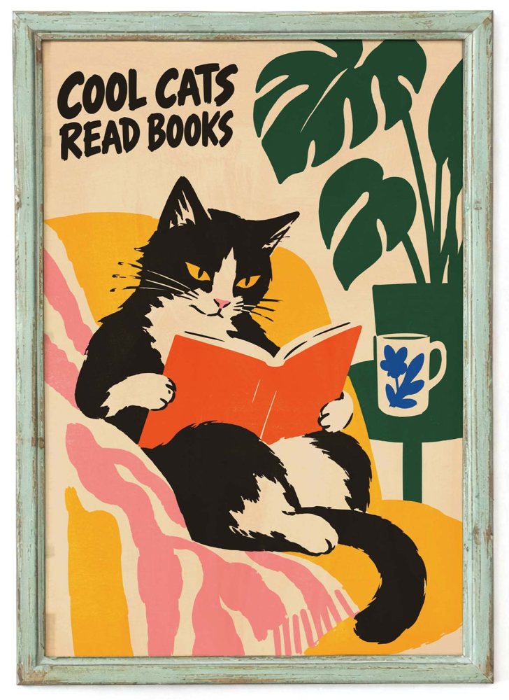 Cat Reading Books Print Wall Art