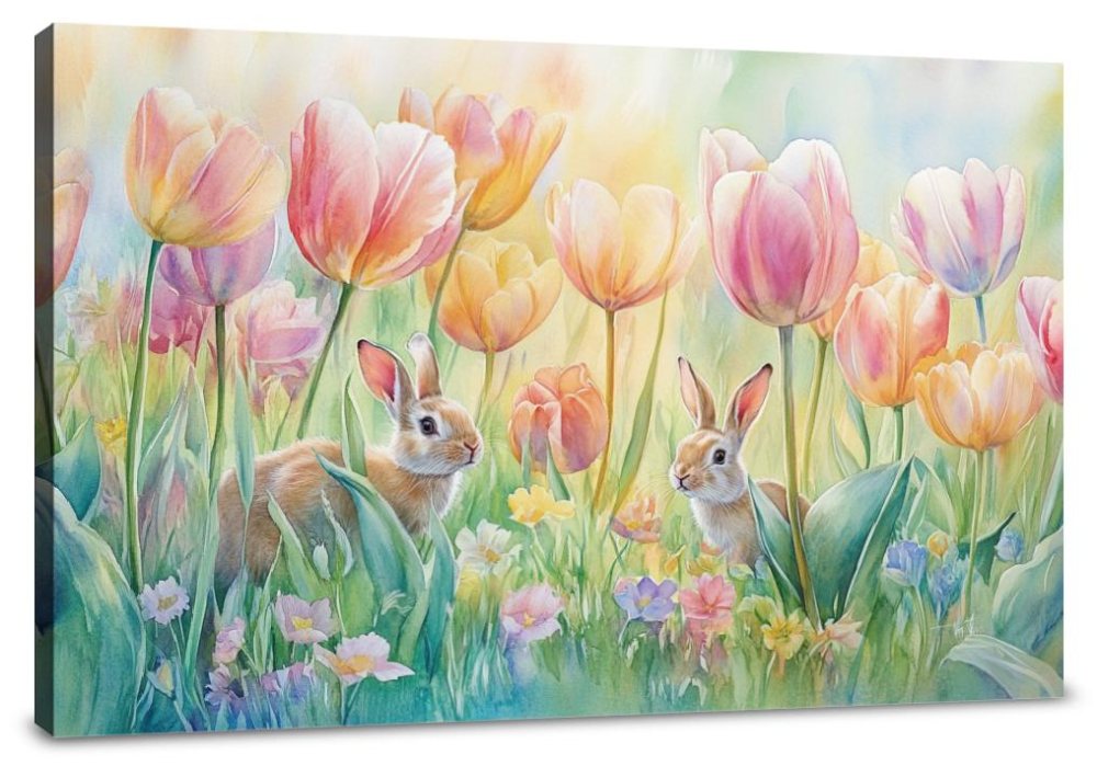 Tulip Meadow and Rabbits Canvas