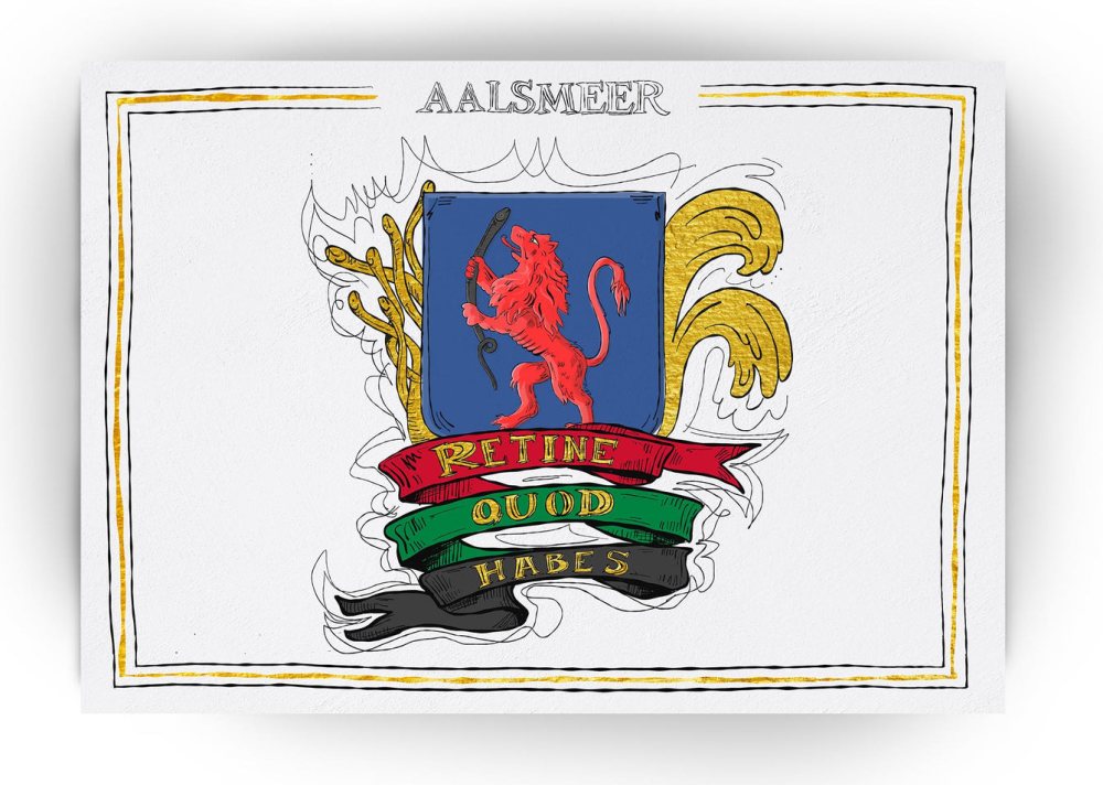 Wapen van Aalsmeer, Liggend stadswapen Aalsmeer poster, lijst, canvas lijst, plexiglas, illustratie Hans Breuker