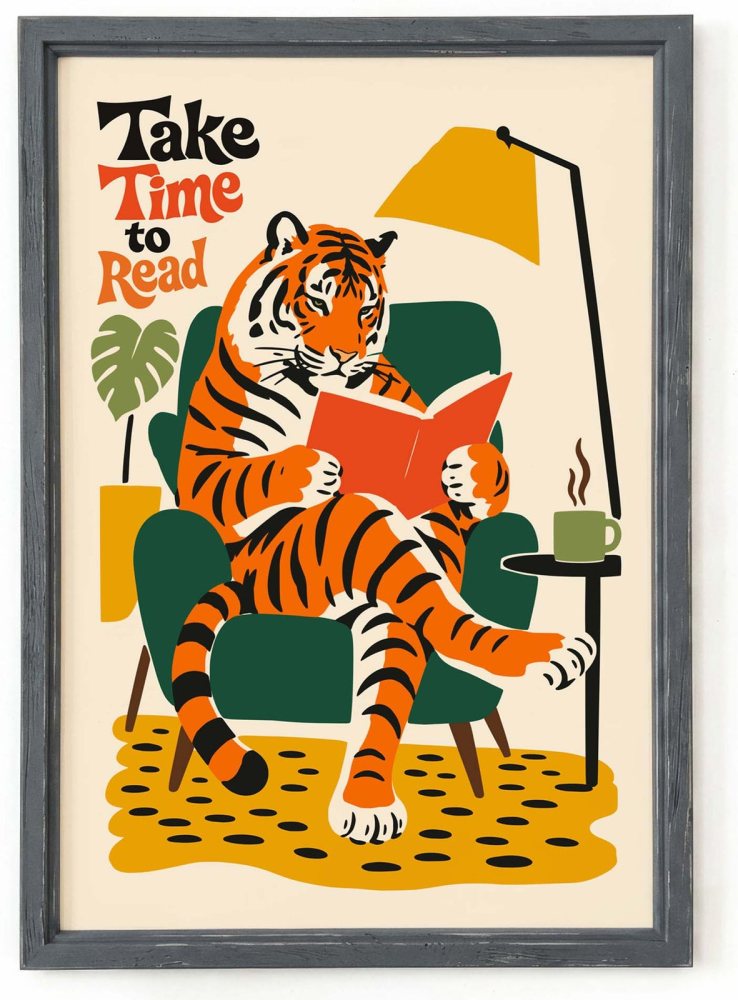 Reading Tiger Book Lover Wall Art Print