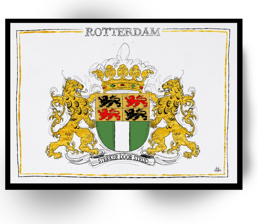Wappen von Rotterdam, Liegendes Stadtwappen Rotterdam Poster, Rahmen, Leinwandrahmen, Illustration Hans Breuker