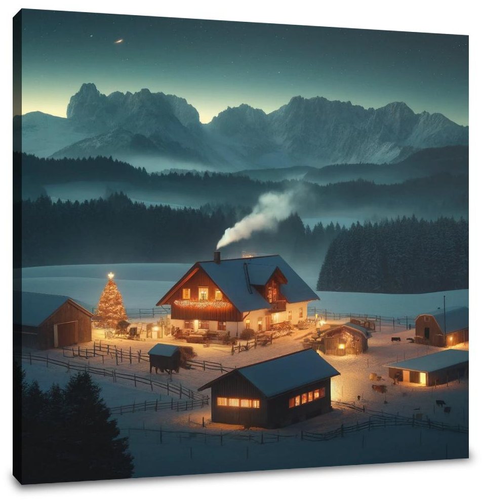Mountain Farm Holiday Night Canvas