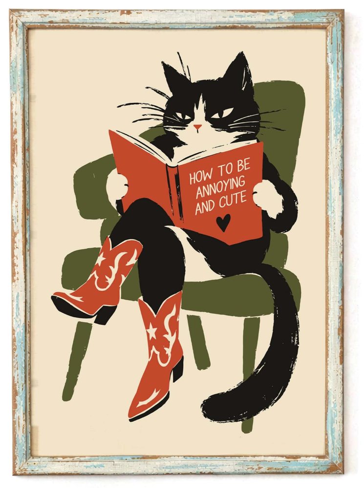 Cowboy Cat Reading Book Wall Art Print