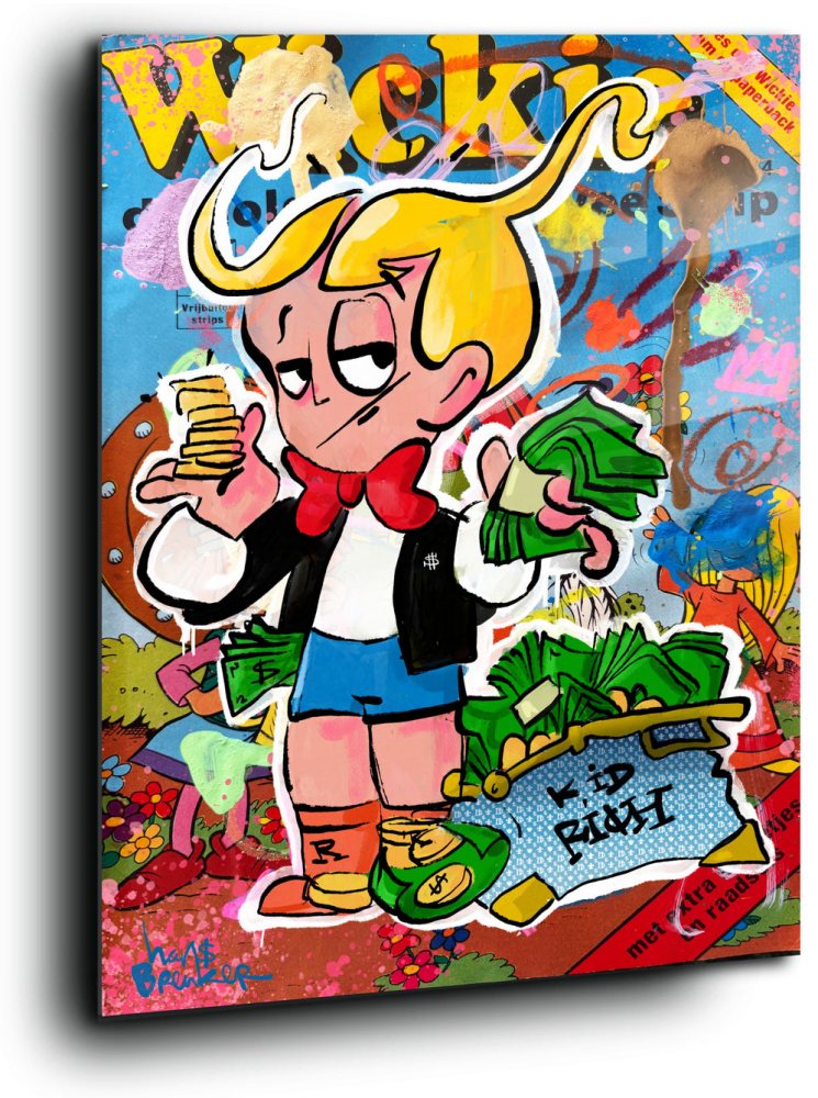 Originales Pop-Art-Kunstwerk „Reisegeld – Kid Rich“ von Hans Breuker