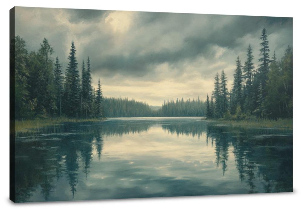 Reflective Pines under Grey Canvas