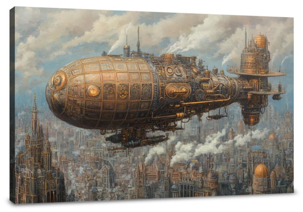 Enchanted Airship Over Mechanical Canvas