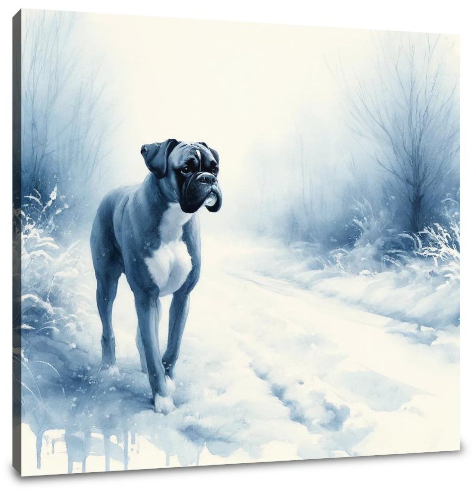 Boxer's Winter Walk Snowy Scene Canvas