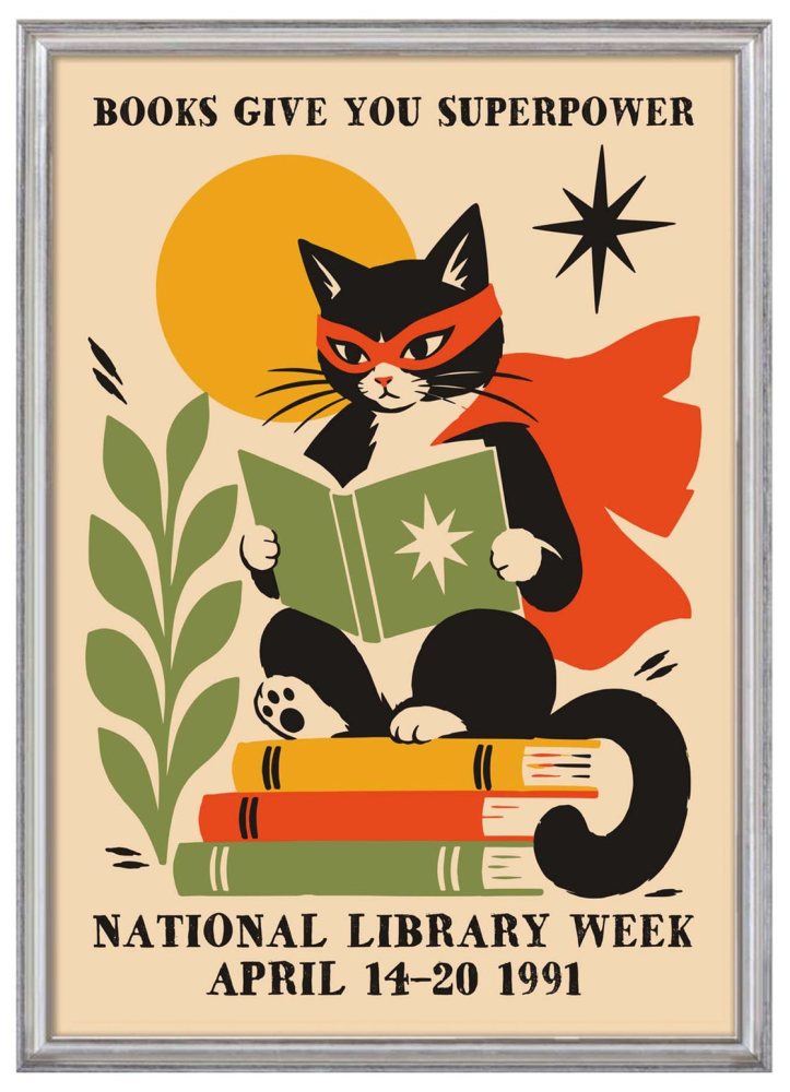 Superhero Cat Reading Books Poster Print