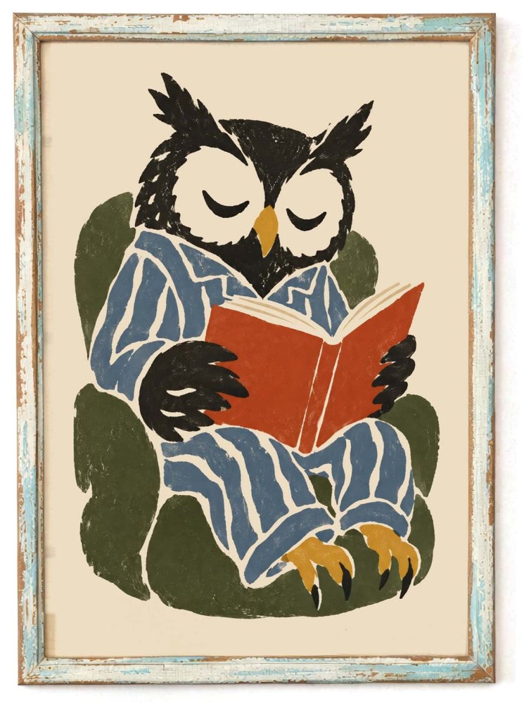 Owl Reading Book Wall Art Print