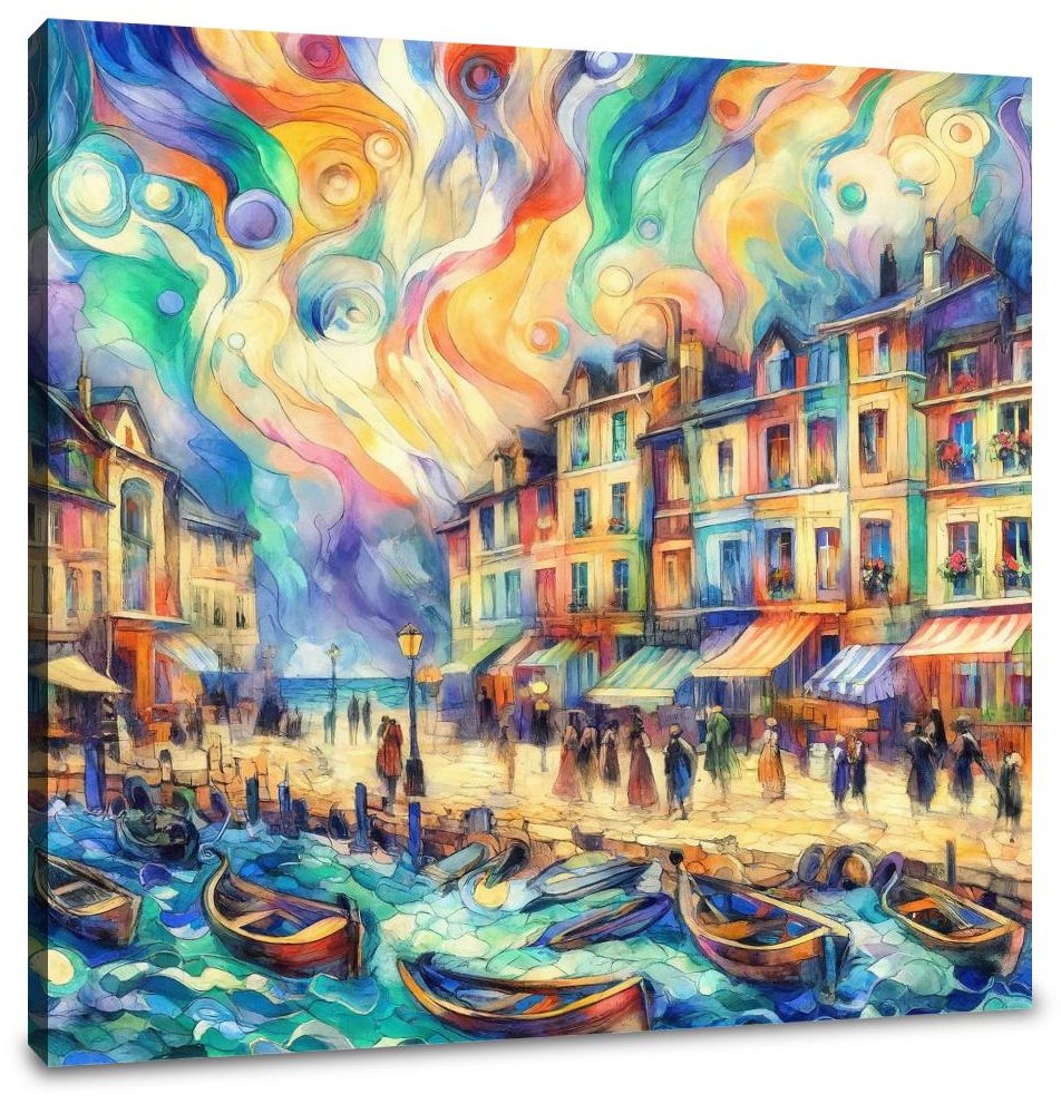 Whimsical Seaside Village Canvas