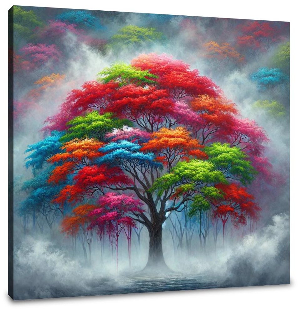 Vibrant Tree in Fog Canvas