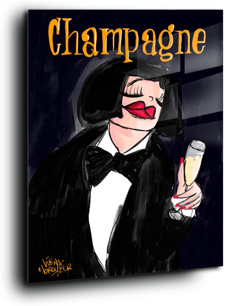 Lady in Black tie. Champagne