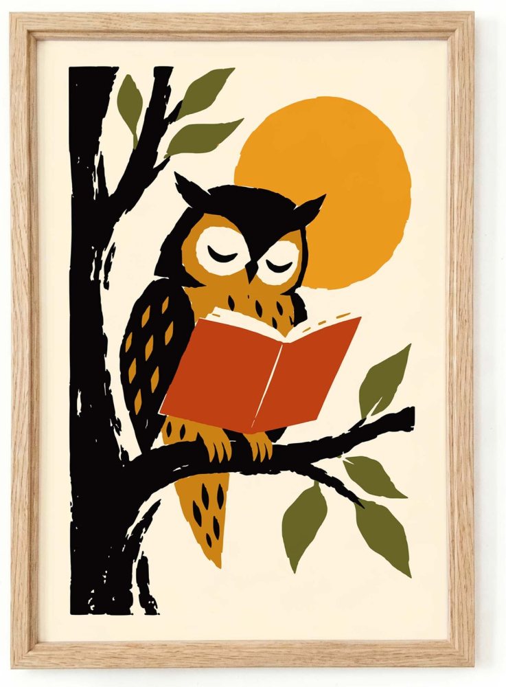 Owl Reading Book Wall Art Print