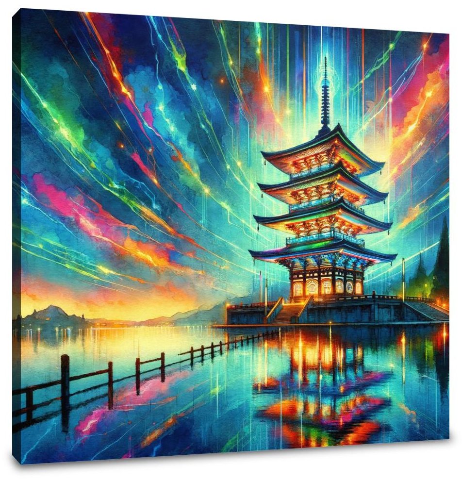 Neon Reflection Pagoda Canvas