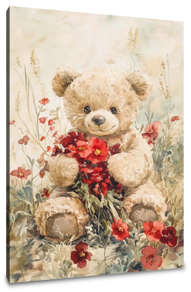 Teddy's Floral Embrace Canvas