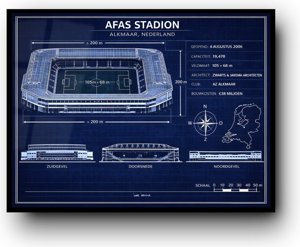 AFAS Stadium Poster – AZ Alkmaar Stadium Blueprint Art | Alkmaar Football Art