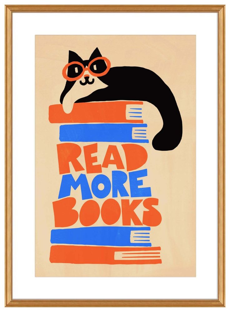 Reading Cat Bookshelf Vintage Book Lover Wall Art