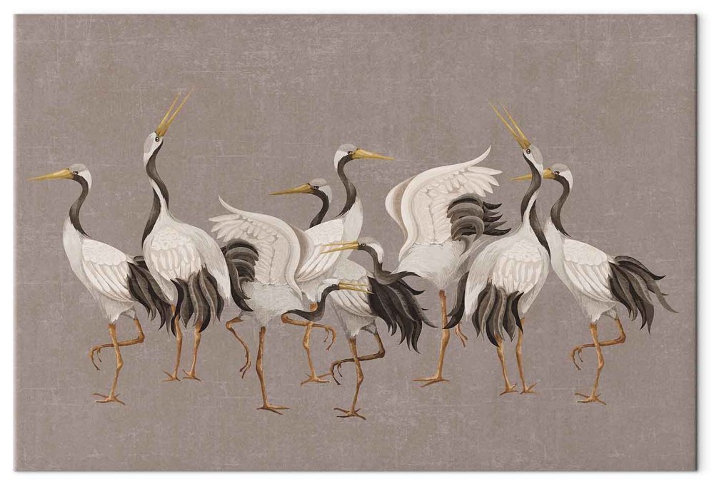 Leinwandbild - Crane dance – bright silhouettes of birds against a warm grey background with texture