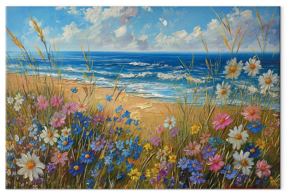 Leinwandbild - Seascape – wildflowers and a view of the rough sea