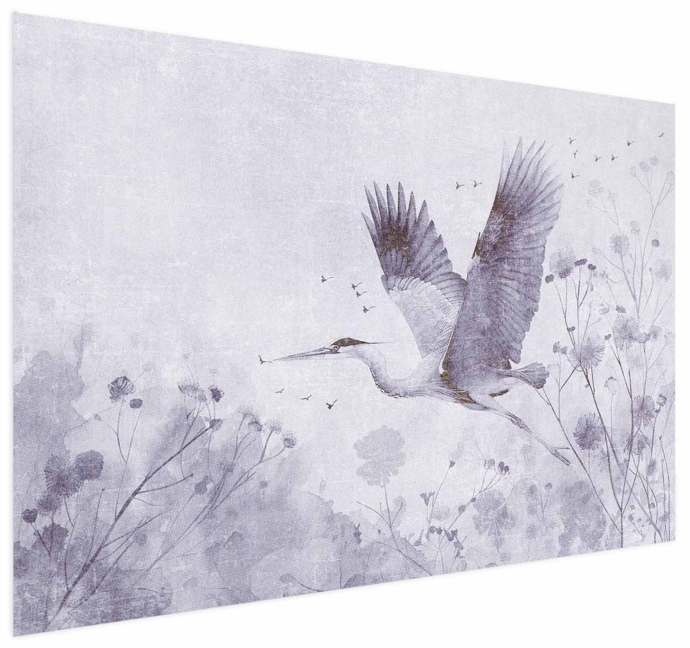 Poster - Majestic Flight - crane in flight in a monochromatic, cool color palette